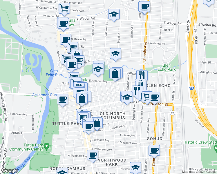 map of restaurants, bars, coffee shops, grocery stores, and more near 2658 Adams Avenue in Columbus