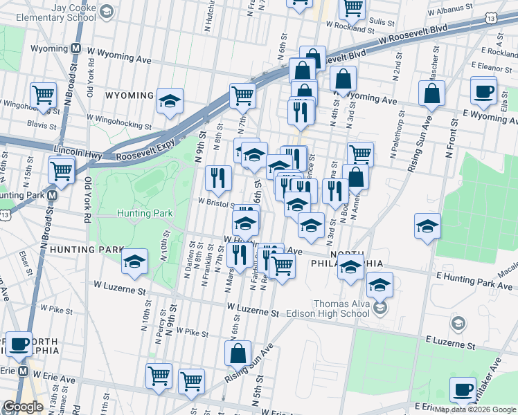 map of restaurants, bars, coffee shops, grocery stores, and more near 4303 North 6th Street in Philadelphia