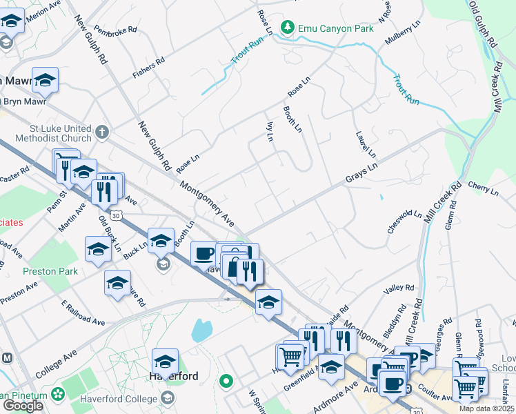 map of restaurants, bars, coffee shops, grocery stores, and more near 117 Orchard Lane in Haverford