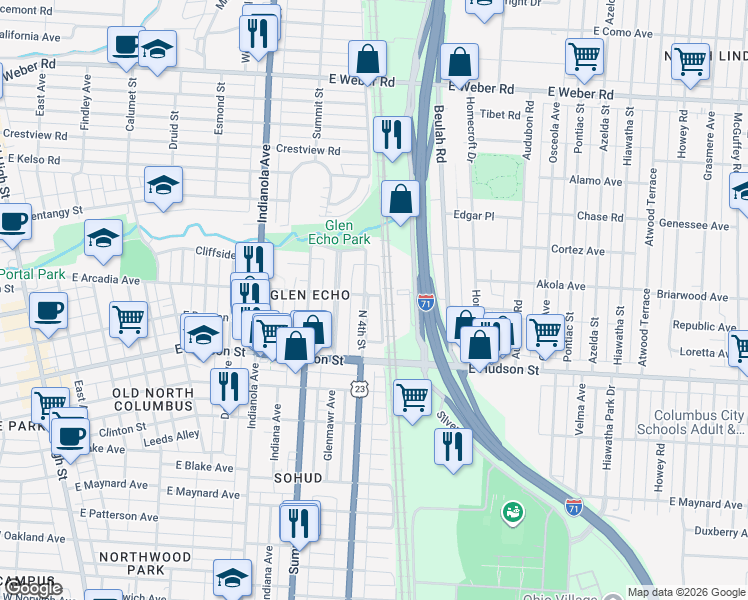 map of restaurants, bars, coffee shops, grocery stores, and more near 2600 North 4th Street in Columbus