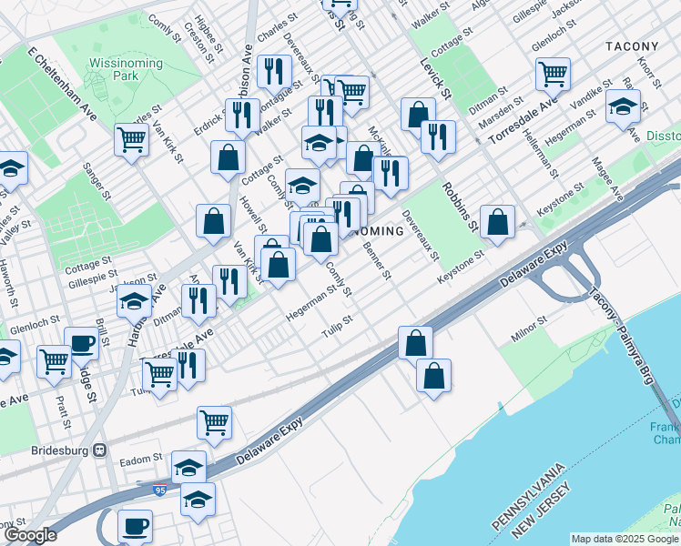 map of restaurants, bars, coffee shops, grocery stores, and more near 4723 Comly Street in Philadelphia