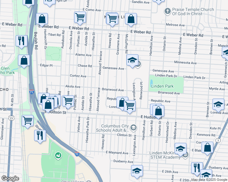map of restaurants, bars, coffee shops, grocery stores, and more near 2521 Grasmere Avenue in Columbus
