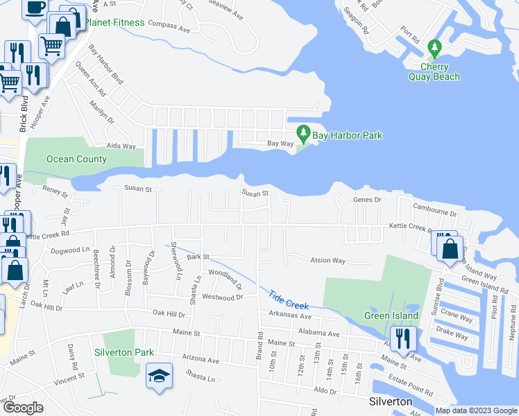 map of restaurants, bars, coffee shops, grocery stores, and more near 171 Sutter Street in Toms River