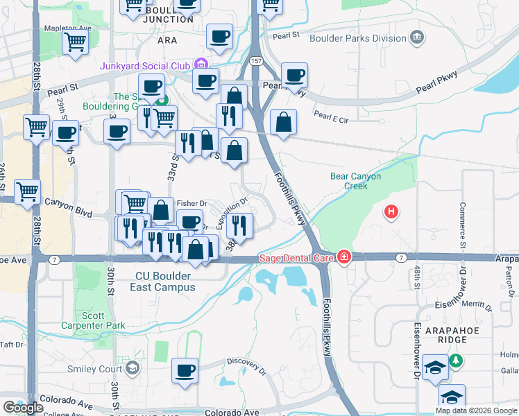 map of restaurants, bars, coffee shops, grocery stores, and more near 1745 38th Street in Boulder