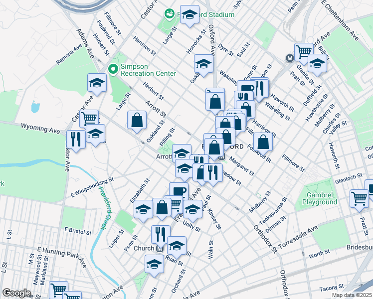 map of restaurants, bars, coffee shops, grocery stores, and more near 4643 Leiper Street in Philadelphia