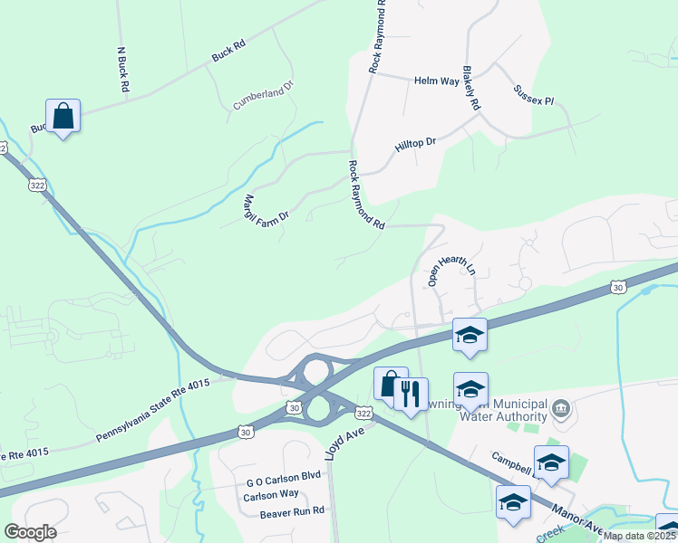 map of restaurants, bars, coffee shops, grocery stores, and more near 333 Rock Raymond Road in Downingtown