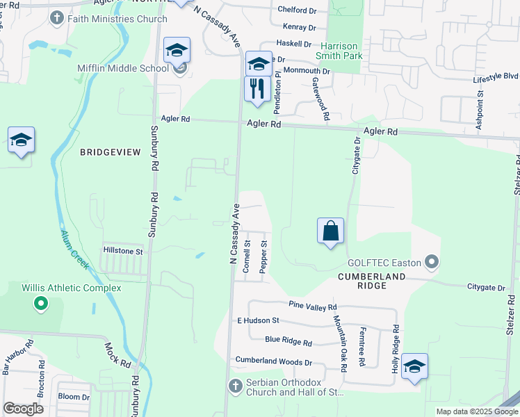 map of restaurants, bars, coffee shops, grocery stores, and more near 3099 Cassady Village Trail in Columbus