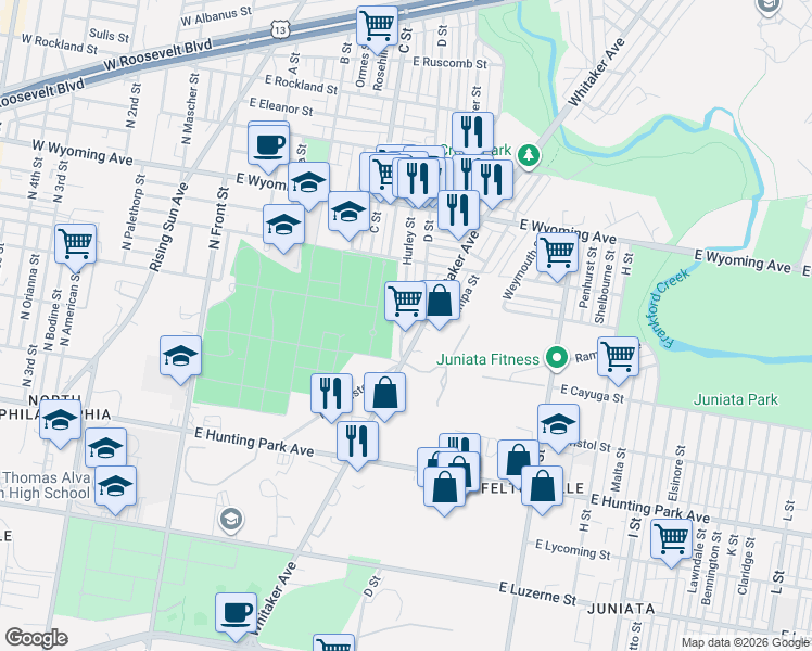 map of restaurants, bars, coffee shops, grocery stores, and more near 4449 Hurley Street in Philadelphia