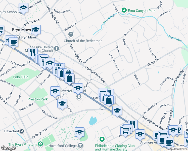 map of restaurants, bars, coffee shops, grocery stores, and more near 446 Montgomery Avenue in Haverford