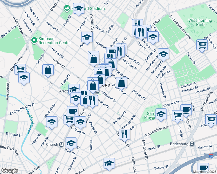 map of restaurants, bars, coffee shops, grocery stores, and more near 4735 Salem Street in Philadelphia