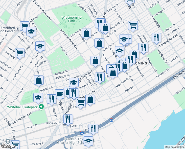 map of restaurants, bars, coffee shops, grocery stores, and more near 2018 East Cheltenham Avenue in Philadelphia