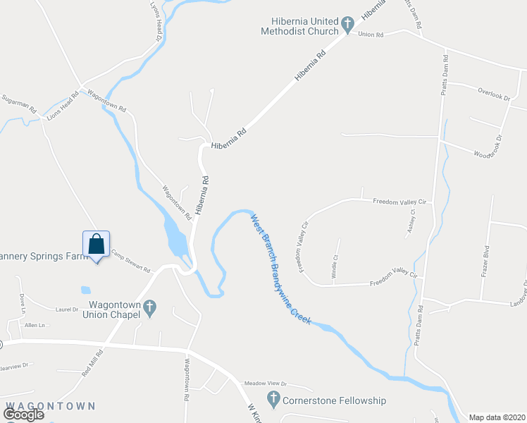 map of restaurants, bars, coffee shops, grocery stores, and more near 128 Hibernia Road in Coatesville