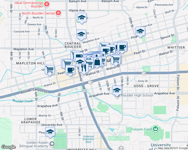 map of restaurants, bars, coffee shops, grocery stores, and more near 1360 Walnut Street in Boulder