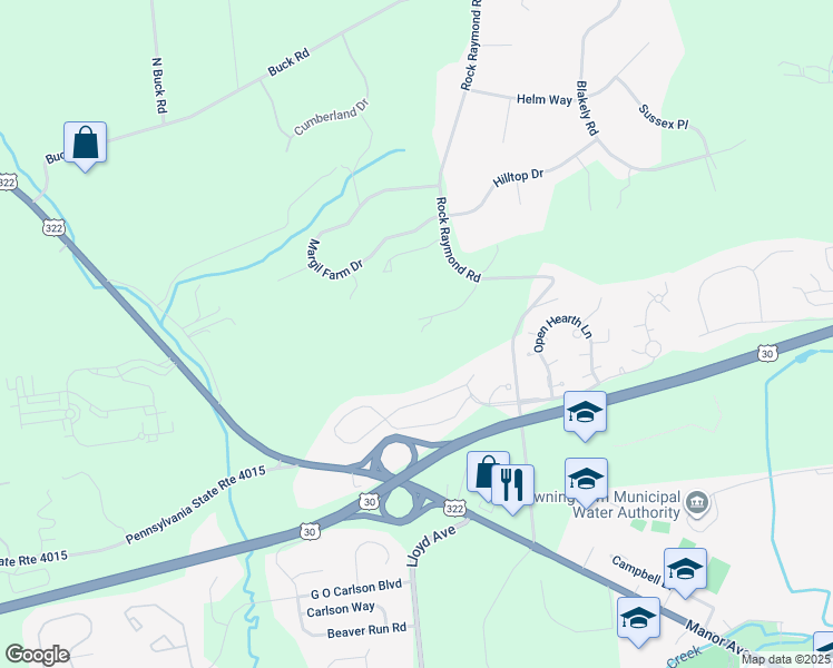 map of restaurants, bars, coffee shops, grocery stores, and more near 333 Rock Raymond Road in Downingtown