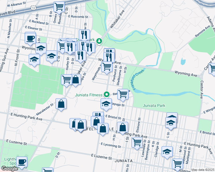 map of restaurants, bars, coffee shops, grocery stores, and more near 4542 G Street in Philadelphia