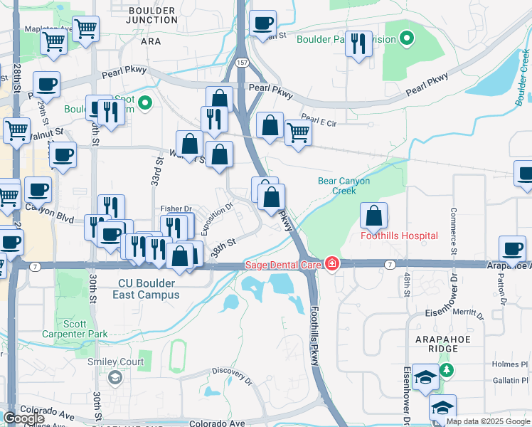 map of restaurants, bars, coffee shops, grocery stores, and more near 1730 38th Street in Boulder