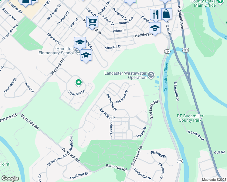 map of restaurants, bars, coffee shops, grocery stores, and more near 213 Perthshire Drive in Lancaster