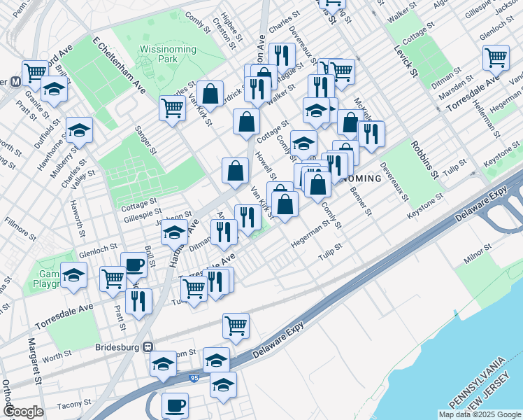 map of restaurants, bars, coffee shops, grocery stores, and more near 4604 Van Kirk Street in Philadelphia