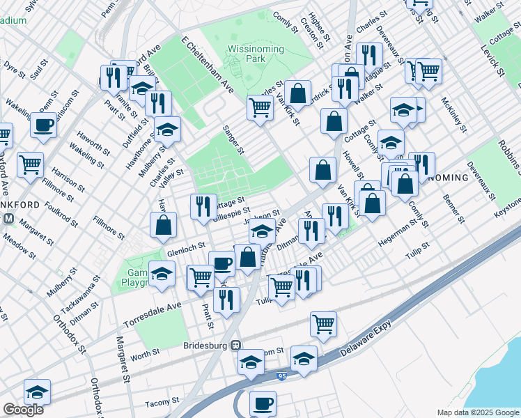 map of restaurants, bars, coffee shops, grocery stores, and more near 5321 Gillespie Street in Philadelphia