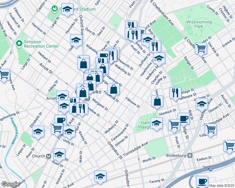 map of restaurants, bars, coffee shops, grocery stores, and more near 4822 Duffield Street in Philadelphia