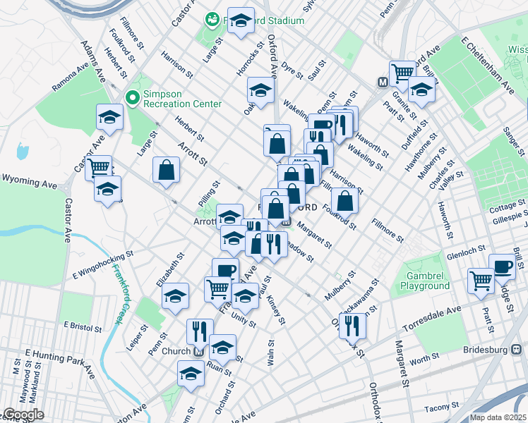 map of restaurants, bars, coffee shops, grocery stores, and more near 1522 Arrott Street in Philadelphia