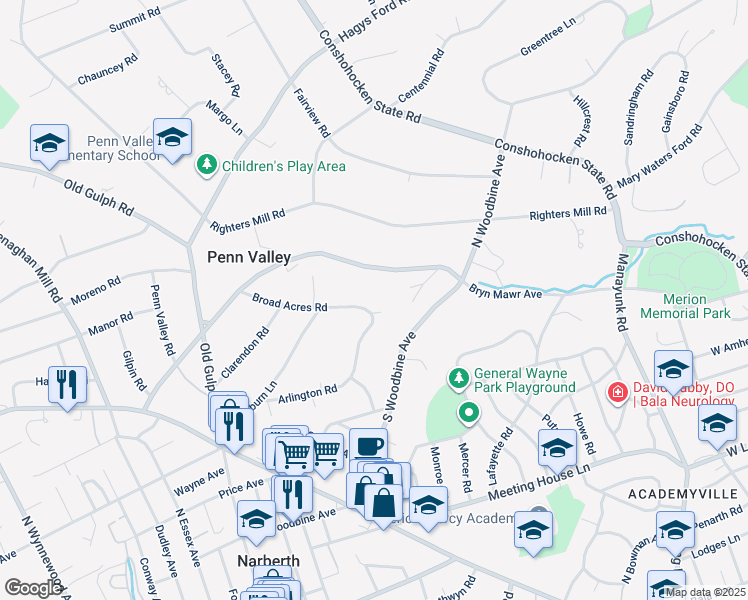 map of restaurants, bars, coffee shops, grocery stores, and more near 623 Broad Acres Road in Penn Valley