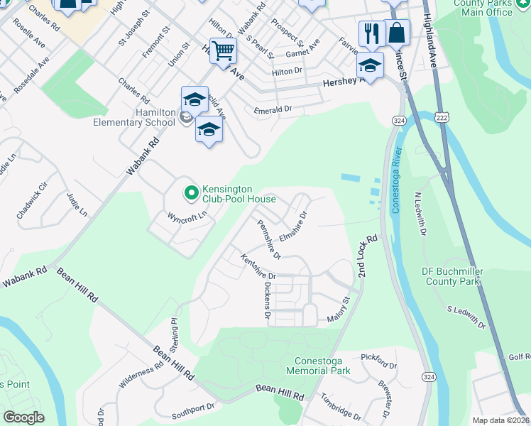 map of restaurants, bars, coffee shops, grocery stores, and more near 101 Pennshire Drive in Lancaster