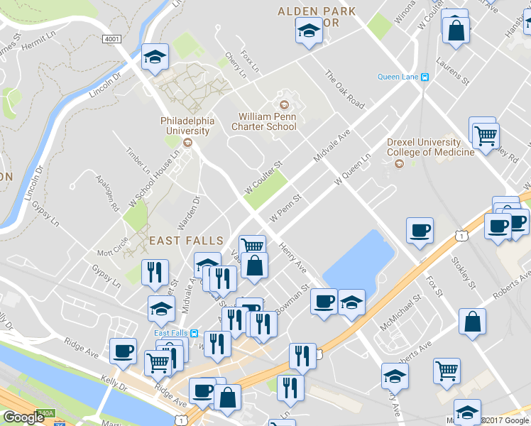 map of restaurants, bars, coffee shops, grocery stores, and more near 3242 Midvale Avenue in Philadelphia