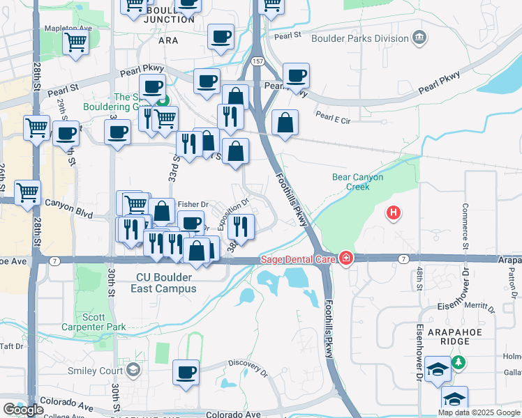 map of restaurants, bars, coffee shops, grocery stores, and more near 1745 38th Street in Boulder