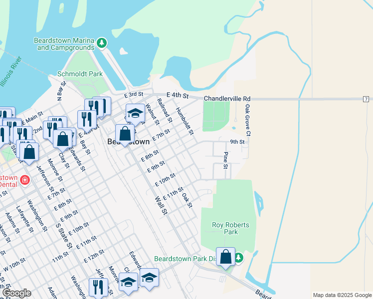 map of restaurants, bars, coffee shops, grocery stores, and more near 1300 East 9th Street in Beardstown
