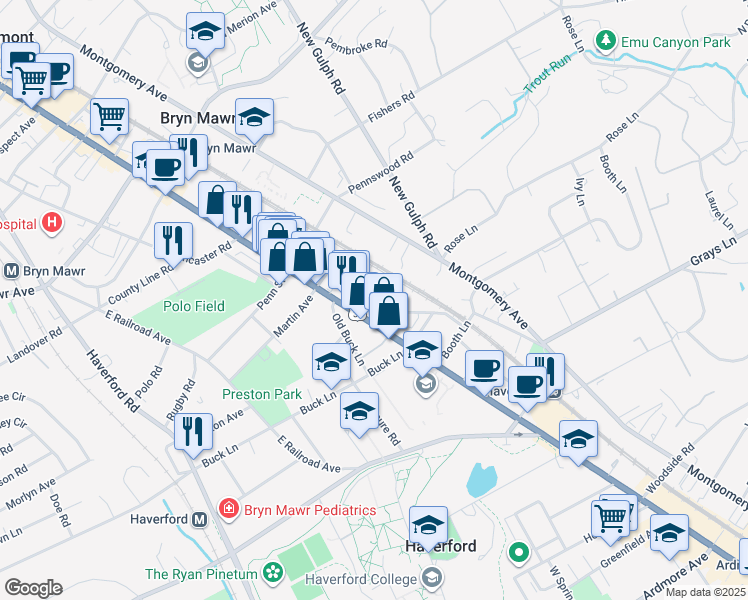 map of restaurants, bars, coffee shops, grocery stores, and more near 552 Barrett Avenue in Haverford