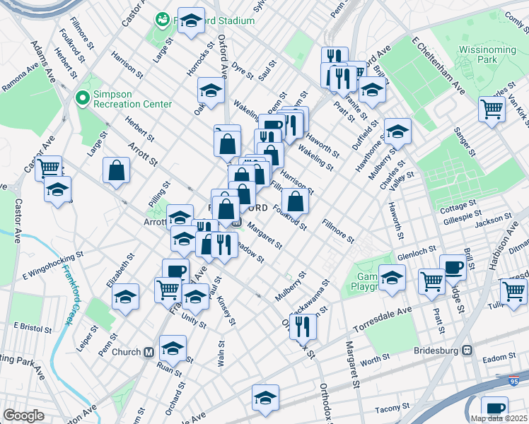 map of restaurants, bars, coffee shops, grocery stores, and more near 4737 Salem Street in Philadelphia