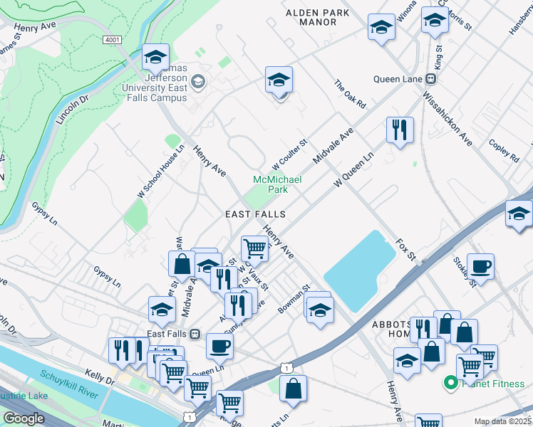 map of restaurants, bars, coffee shops, grocery stores, and more near 3242 Midvale Avenue in Philadelphia
