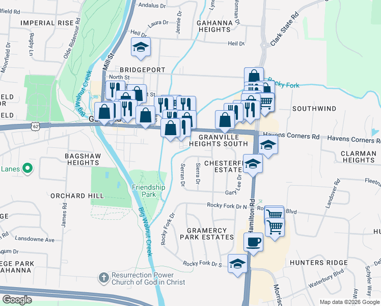 map of restaurants, bars, coffee shops, grocery stores, and more near 268 Faye Drive in Gahanna