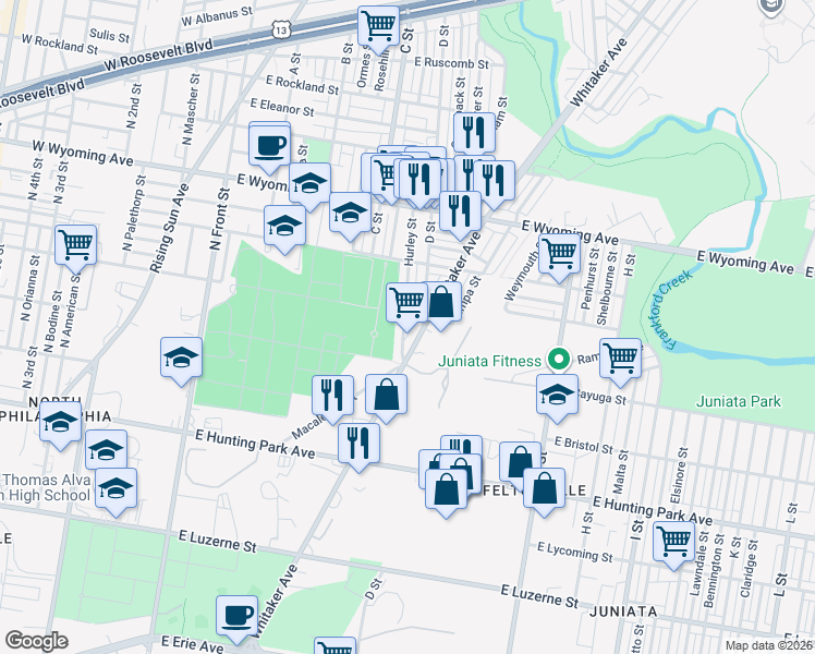 map of restaurants, bars, coffee shops, grocery stores, and more near 4449 Hurley Street in Philadelphia