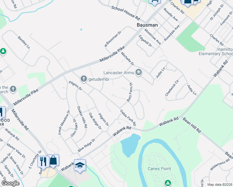 map of restaurants, bars, coffee shops, grocery stores, and more near 17 Greythorne Rd in Lancaster