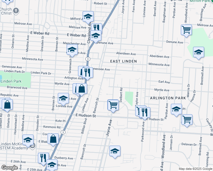 map of restaurants, bars, coffee shops, grocery stores, and more near 1812 Myrtle Avenue in Columbus