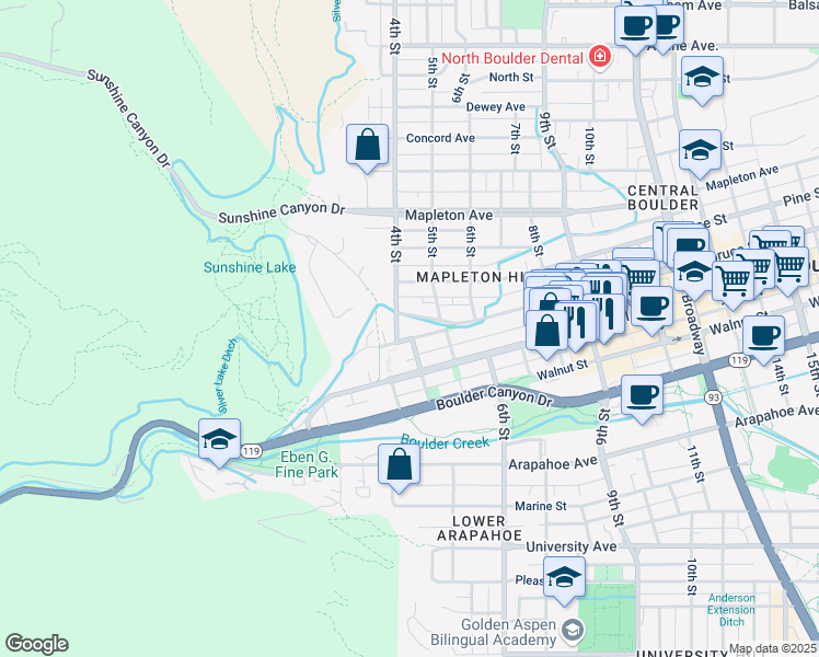 map of restaurants, bars, coffee shops, grocery stores, and more near 341 Spruce Street in Boulder