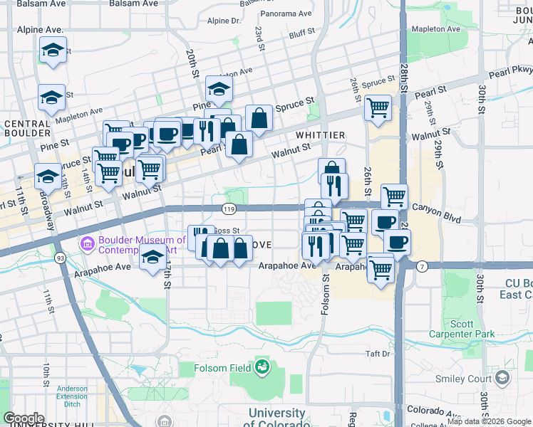 map of restaurants, bars, coffee shops, grocery stores, and more near 2142 Canyon Boulevard in Boulder