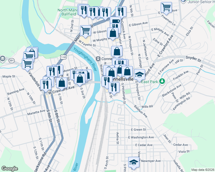 map of restaurants, bars, coffee shops, grocery stores, and more near 116 South Arch Street in Connellsville
