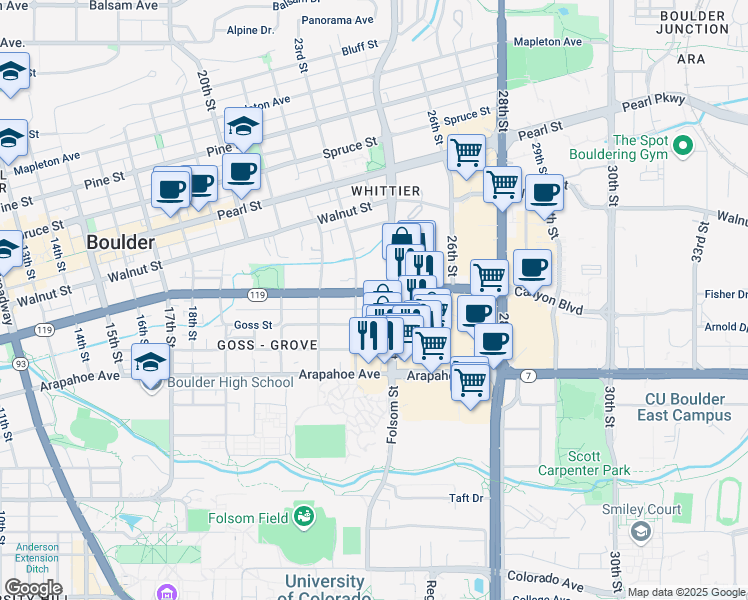 map of restaurants, bars, coffee shops, grocery stores, and more near 2336 Canyon Boulevard in Boulder