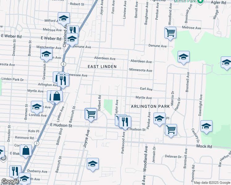 map of restaurants, bars, coffee shops, grocery stores, and more near 2403 Taylor Avenue in Columbus