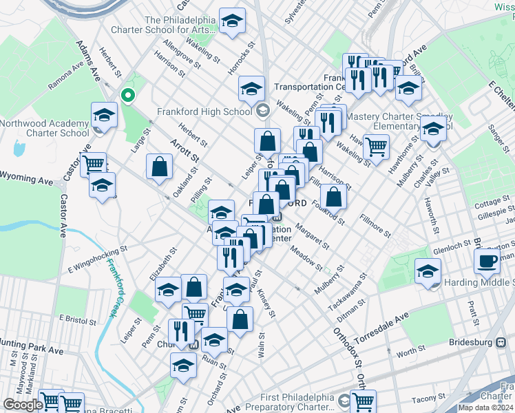 map of restaurants, bars, coffee shops, grocery stores, and more near 1520 Arrott Street in Philadelphia