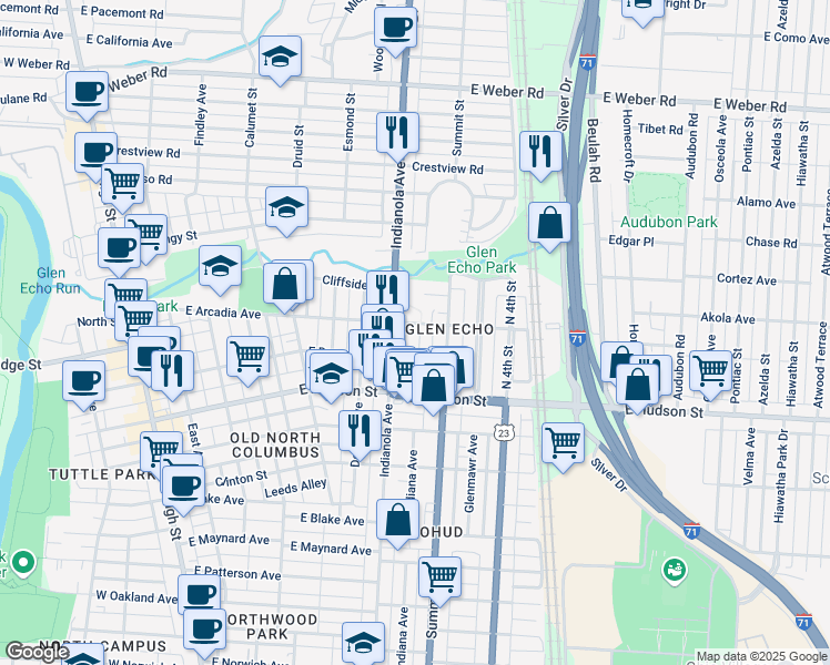 map of restaurants, bars, coffee shops, grocery stores, and more near 2625 Glen Echo Drive in Columbus