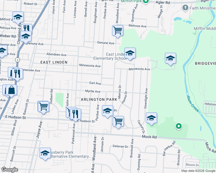 map of restaurants, bars, coffee shops, grocery stores, and more near 2199 Earl Avenue in Columbus