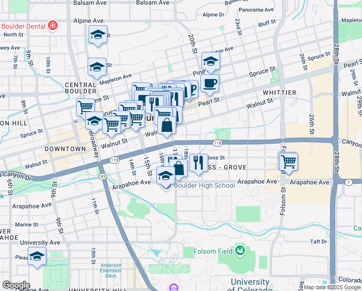 map of restaurants, bars, coffee shops, grocery stores, and more near 1718 Canyon Boulevard in Boulder