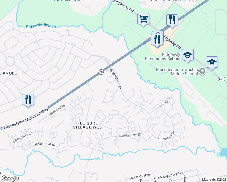 map of restaurants, bars, coffee shops, grocery stores, and more near 35A Gramercy Lane in Manchester Township