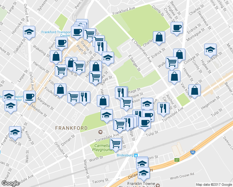 map of restaurants, bars, coffee shops, grocery stores, and more near 5120 Cottage Street in Philadelphia