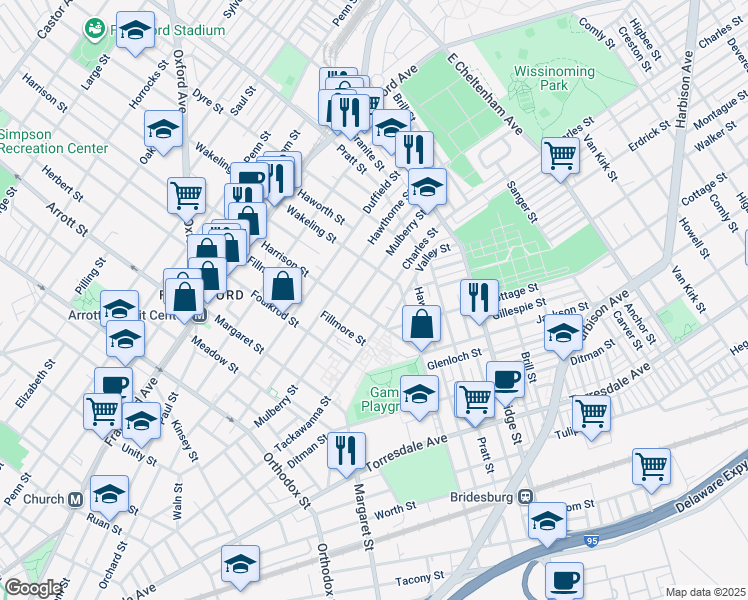 map of restaurants, bars, coffee shops, grocery stores, and more near 4920 Charles Street in Philadelphia