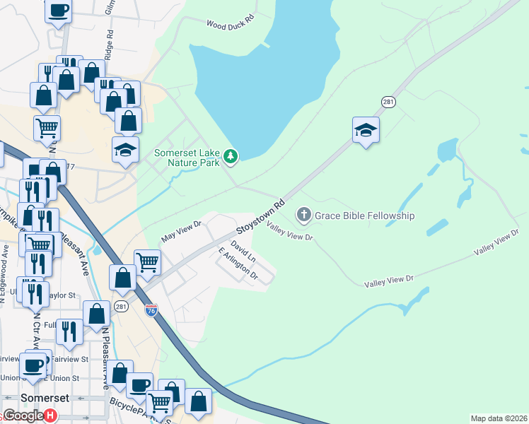 map of restaurants, bars, coffee shops, grocery stores, and more near 563 Stoystown Road in Somerset